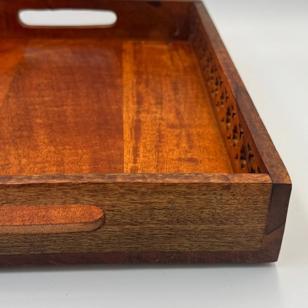 Handcrafted‎ Wood Serving Tray with Star Cutouts and Handles Brown Rectangular